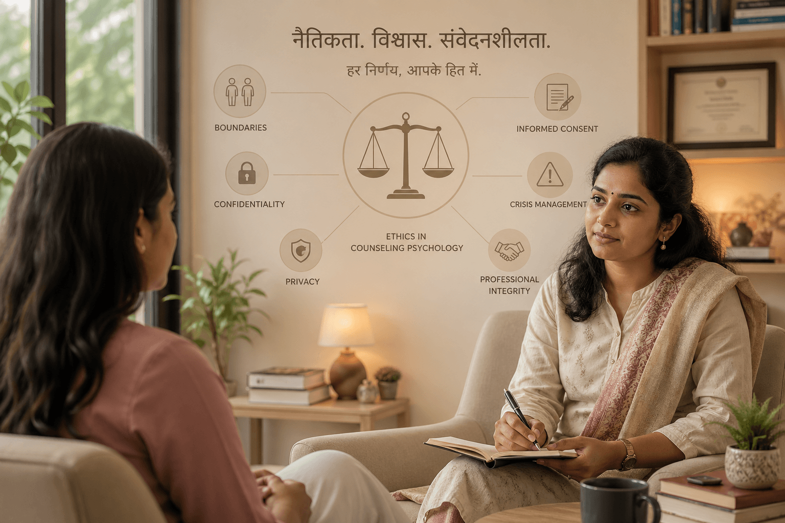 Counseling psychologist practicing ethical guidelines in a session