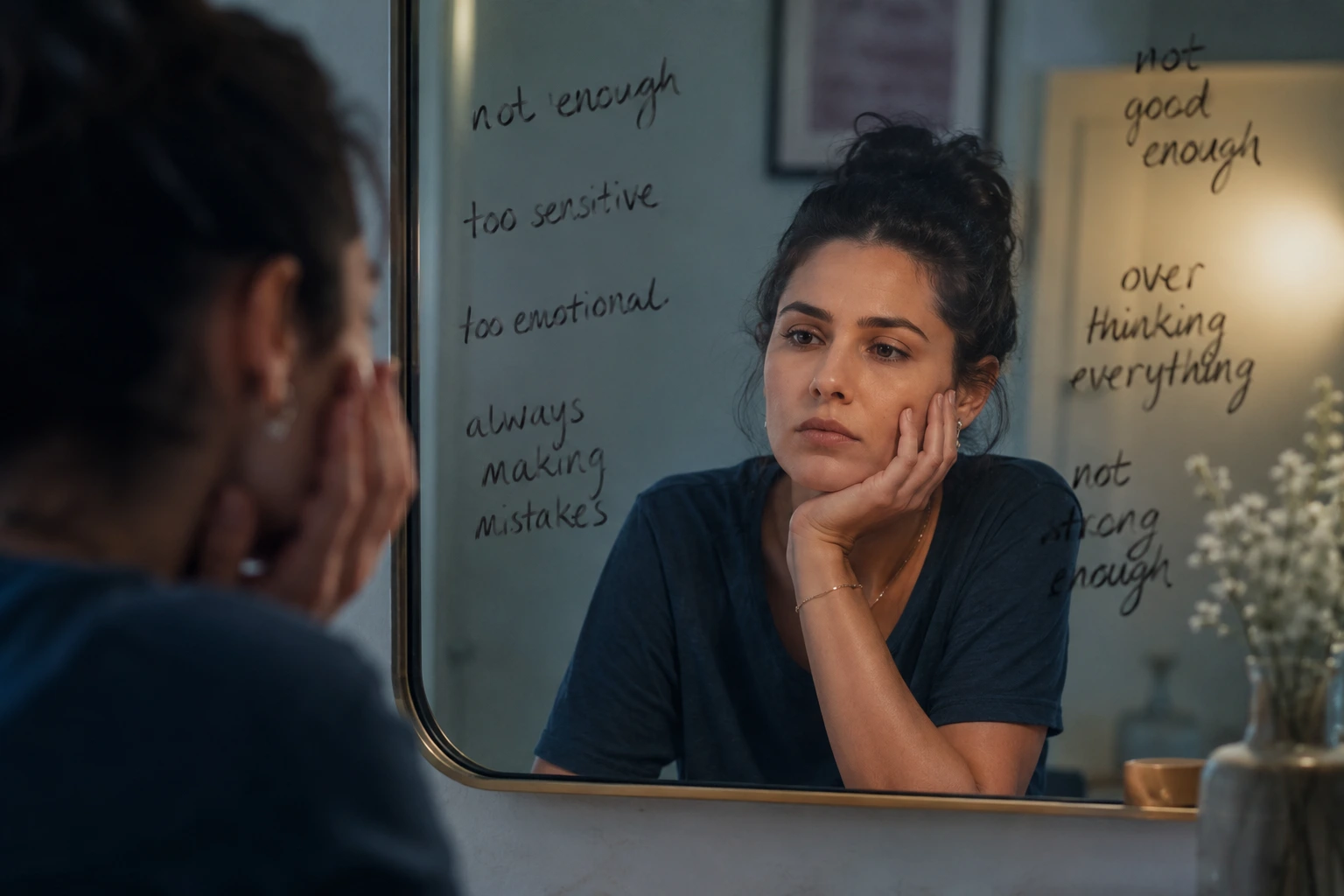 Person managing daily problems quietly while showing signs of anxiety