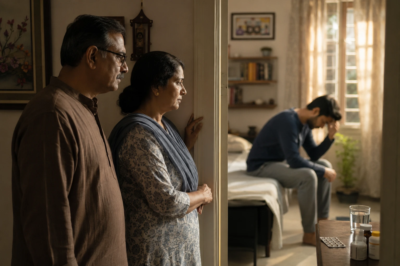 Distressed family dealing with prescription drug addiction in India