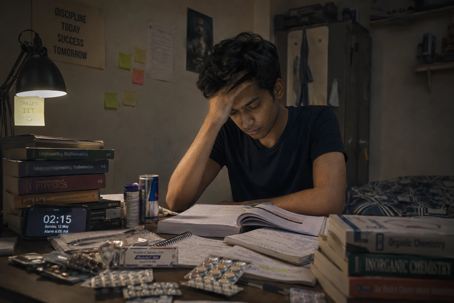 Indian student with textbooks and medication — exam stress and prescription drug misuse