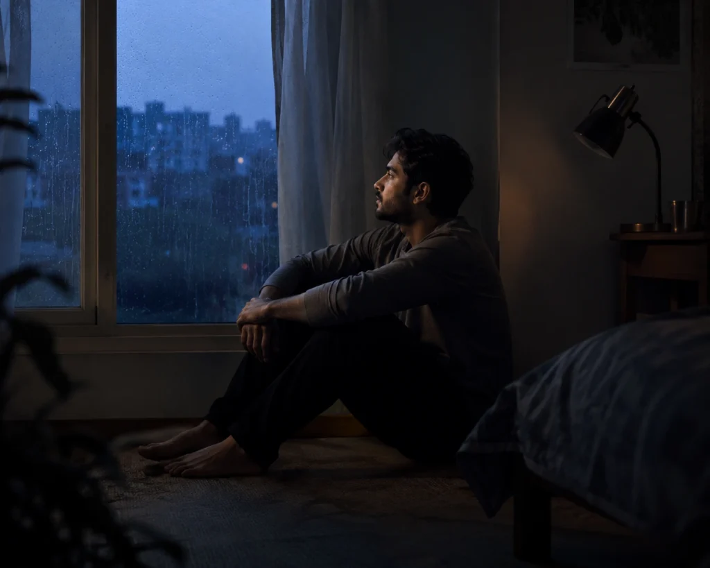 Young Indian man sitting alone near a window in a dimly lit room, representing depression, loneliness, emotional exhaustion, and mental health struggles