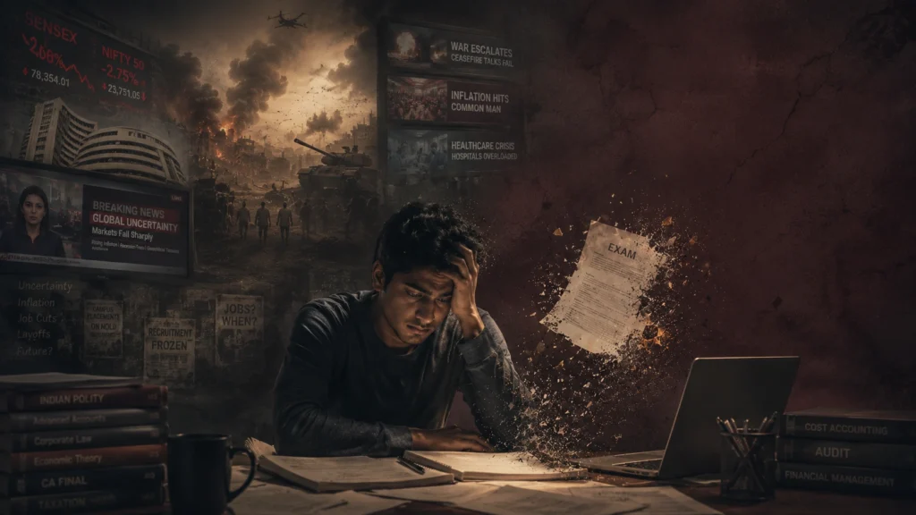 Stressed Indian student studying late at night with emotional pressure, anxiety and burnout caused by exams, career uncertainty and mental health struggles, counselling and therapy support image for Shimla, Kangra and Himachal Pradesh.