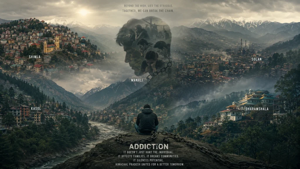 Symbolic deaddiction awareness image showing a skull-shaped smoke formation over Himachal Pradesh mountains representing drug addiction, substance abuse and recovery support in Shimla, Kangra, Chamba, Manali and Himachal Pradesh.
