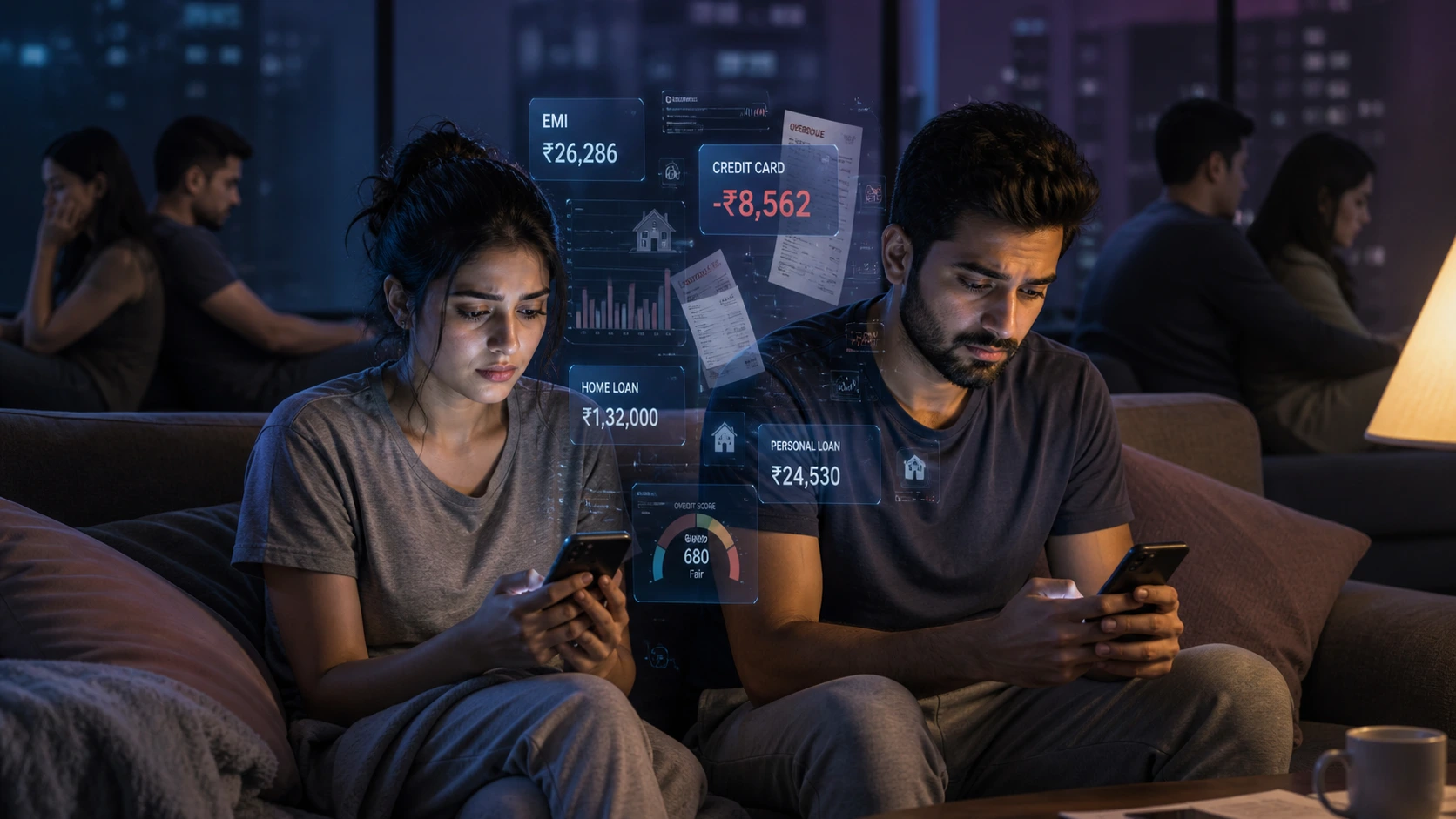 An Indian couple stressed about money and debt — representing financial conflict in relationships