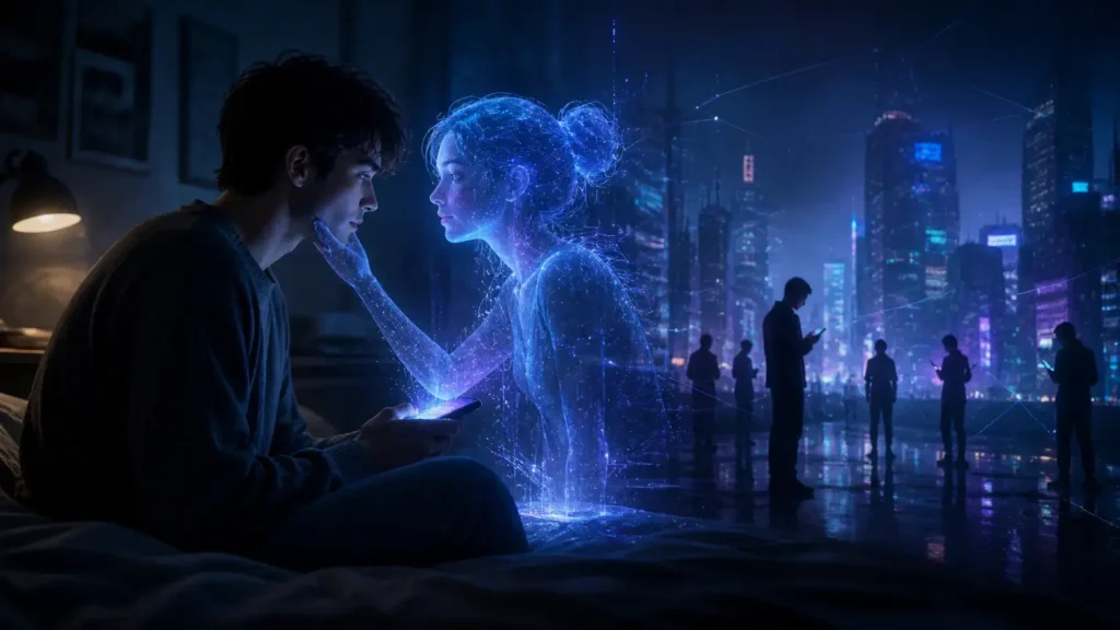 A person forming an emotional connection with an AI figure in a digital city — representing AI relationships and human loneliness