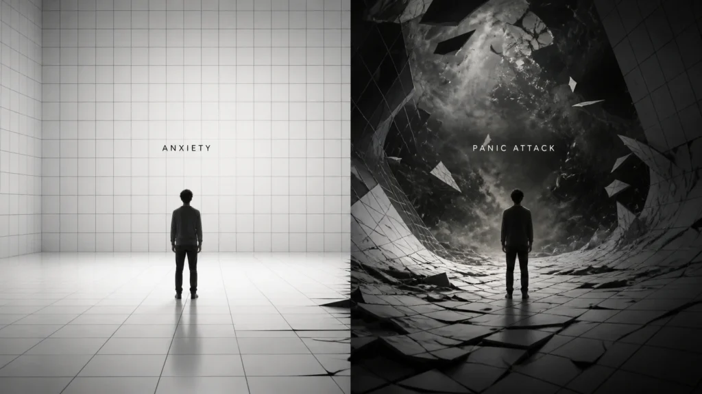 Conceptual illustration comparing an anxiety attack vs a panic attack, showing a person in a structured white room representing anxiety, and a shattered, chaotic space representing sudden panic.