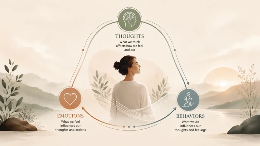 Illustration representing Cognitive Behavioral Therapy and mental wellness at Vaishalya Healing clinic in Dharamshala and Palampur.