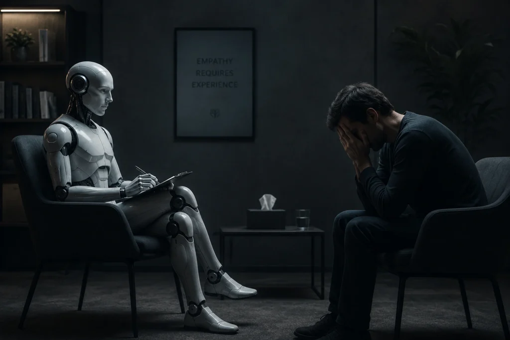 AI therapist speaking with a distressed patient in a dark psychology consultation room in Himachal Pradesh