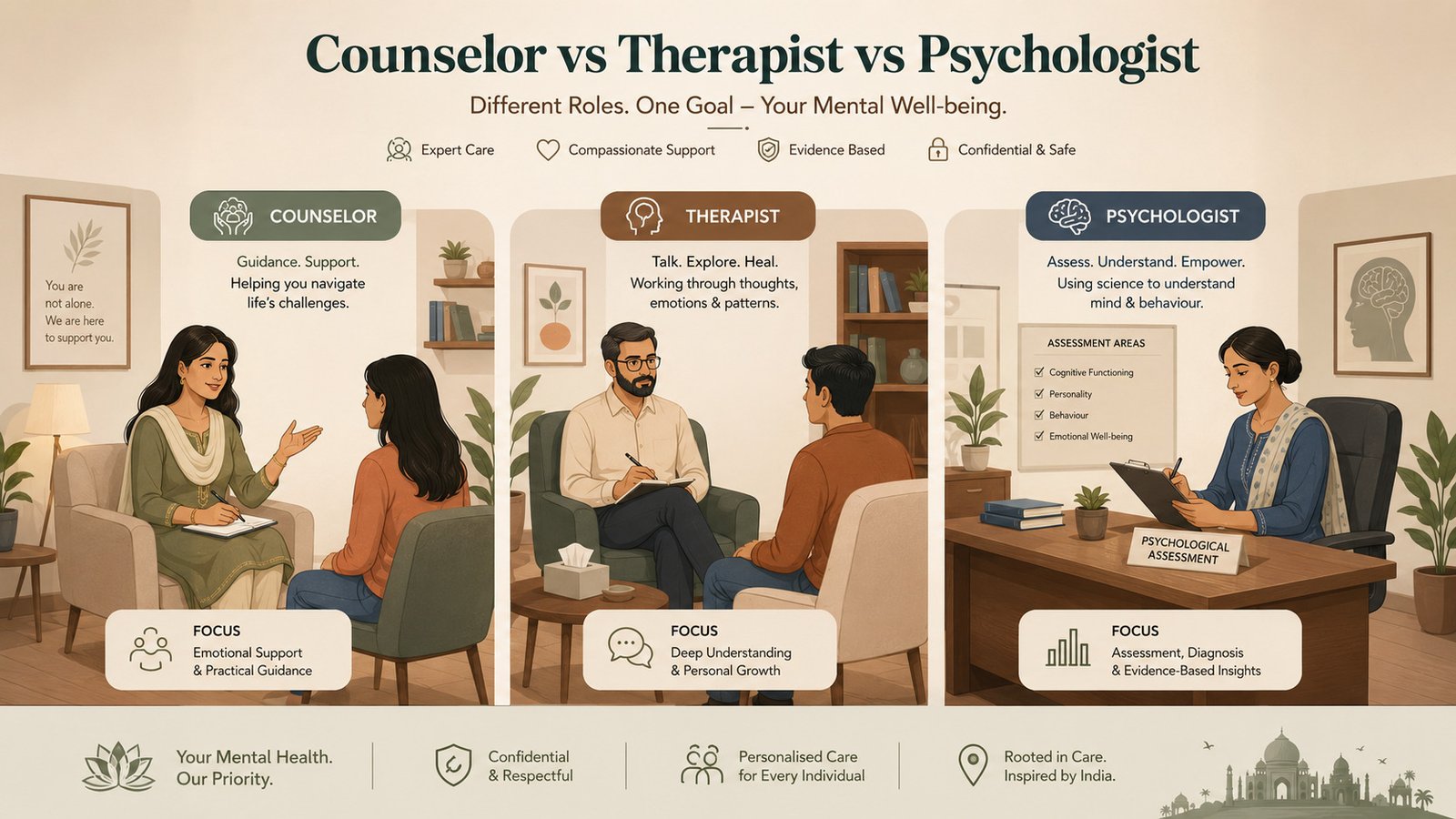Counselor vs Psychologist vs Therapist visual comparison